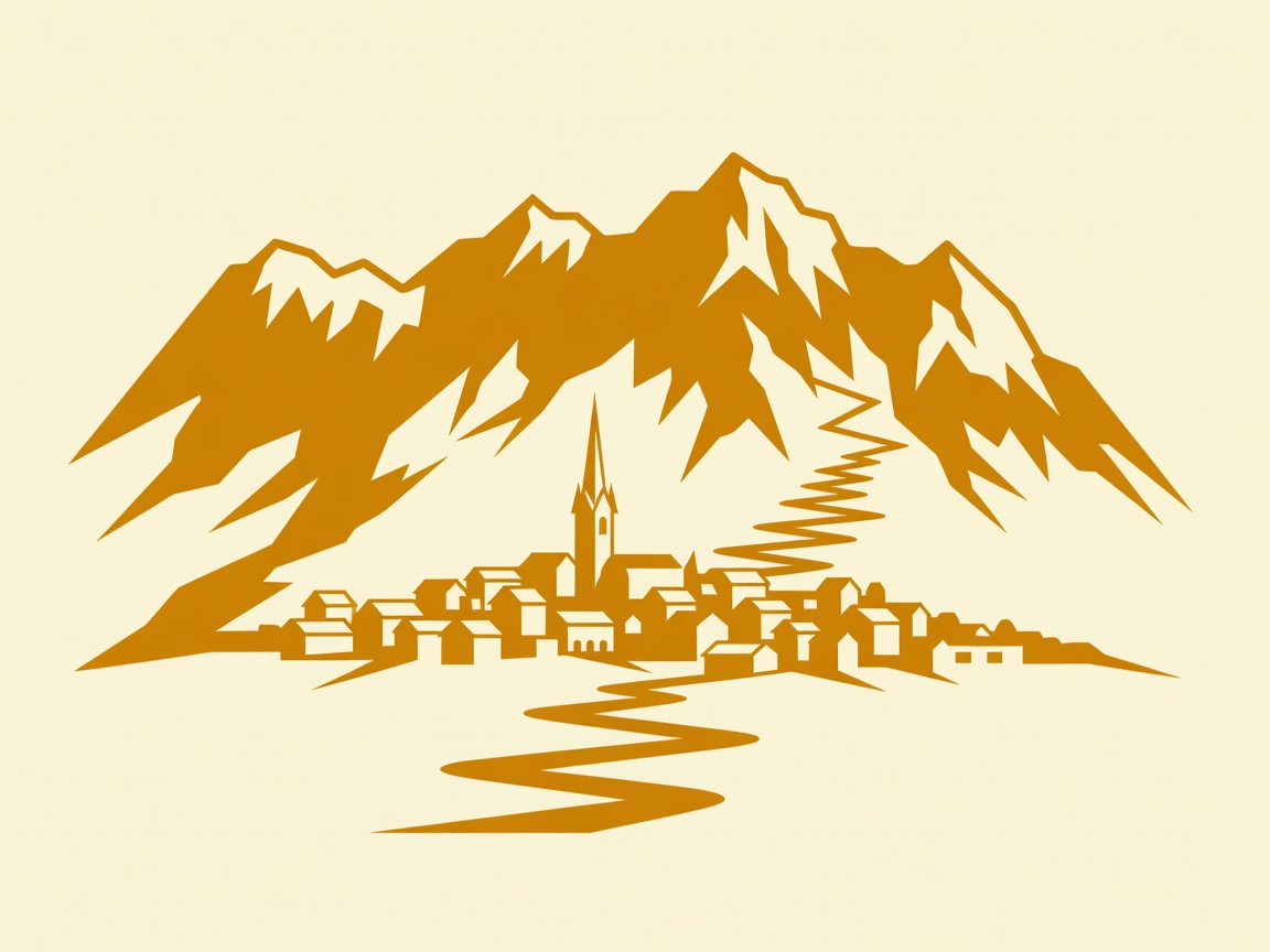 Flat vector drawing of a mountain village with a church spire below a jagged ridge and a switchback road in cream and amber