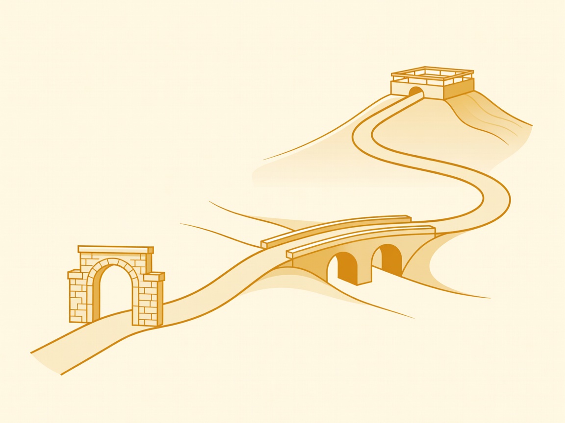 Flat vector drawing of a road ribbon linking a village gate, a stone bridge and a hilltop viewpoint in cream and amber