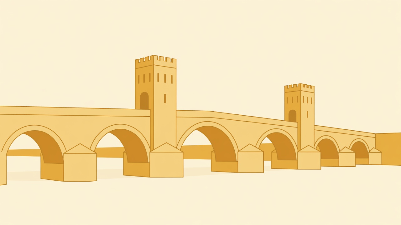 Flat vector elevation of a stone arch bridge with three towers over a river in cream and amber