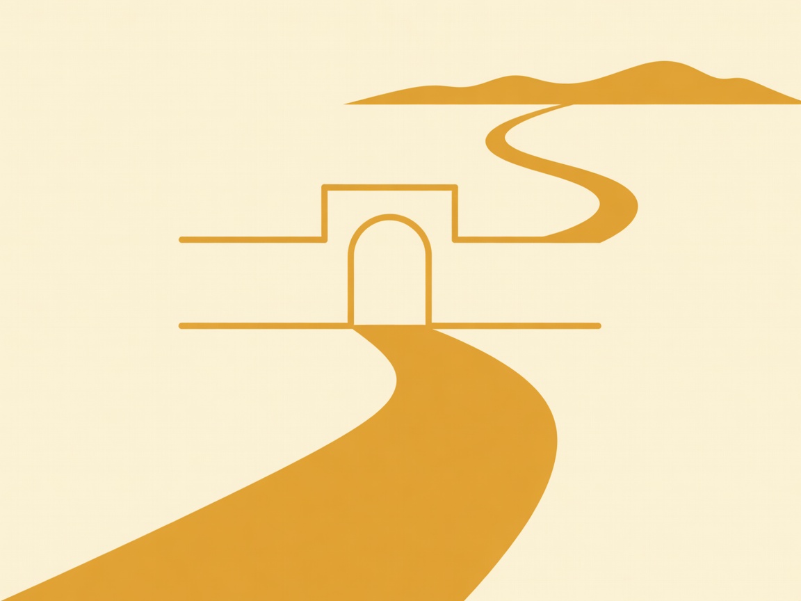 Flat cream and amber vector drawing of a village gate with a road ribbon curving towards distant hills
