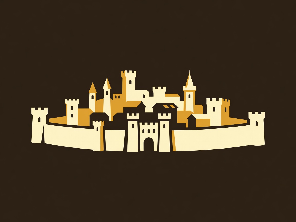 Flat vector silhouette of a walled medieval town with towers and a gatehouse in cream and amber on espresso