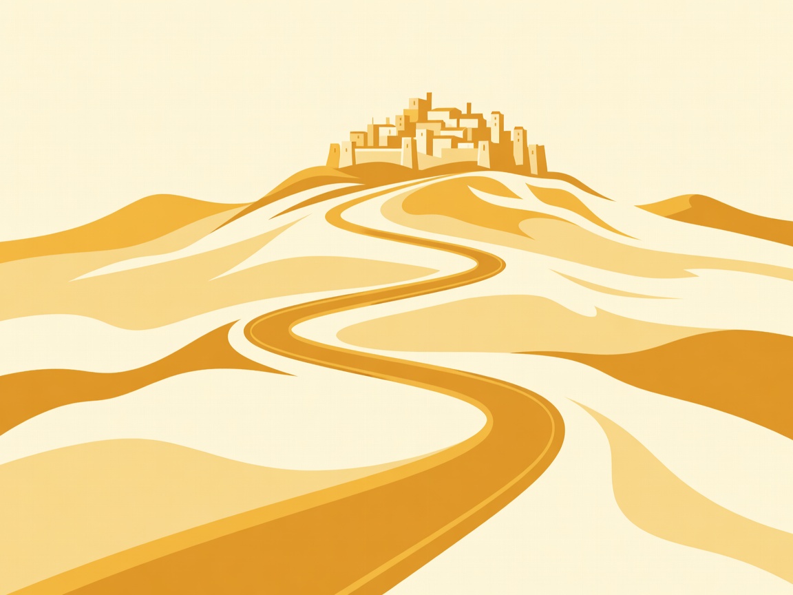 Flat vector drawing of a winding road ribbon crossing foothills towards a hilltop citadel in cream and amber